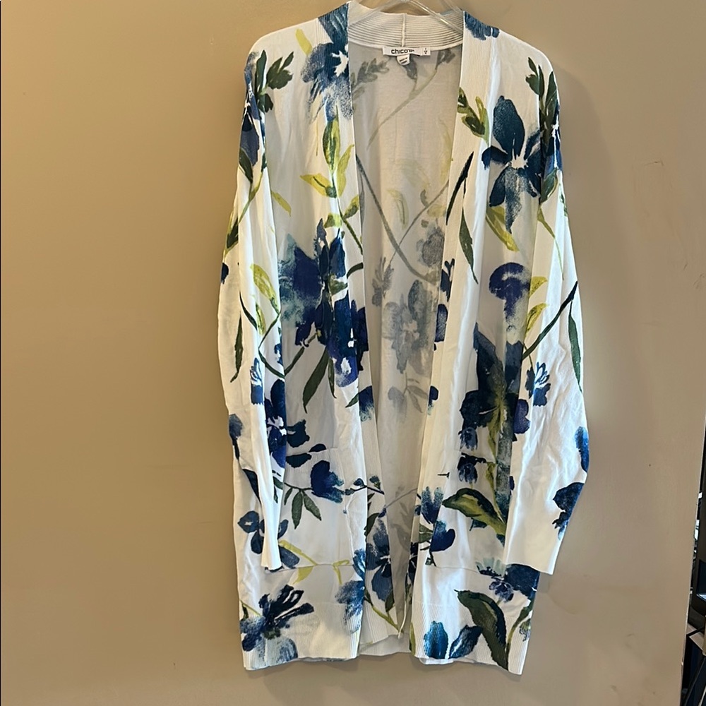 Chico’s NWOT Blue and Green Floral Cardigan Sweater, size 1 (M)